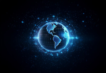 A glowing blue digital globe with a grid pattern, surrounded by a ring of light and stars against a dark background.