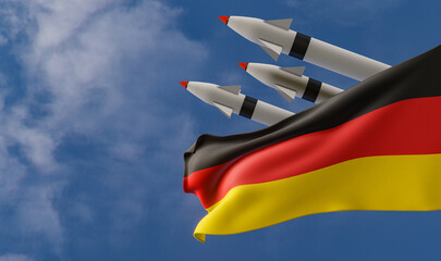 Ballistic missile being launched, Germany flag in foreground. Germany weapons of mass destruction...