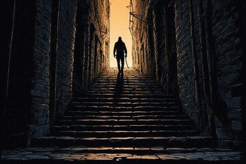 Silhouette of a Person Ascending Glowing Stair Steps in the Darkness, Solitude and Aspiration