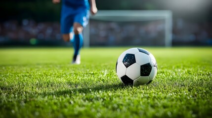 Soccer Player Sprinting to Kick the Ball on Grassy Field of Sports Arena. Dynamic Action Shot of Athlete Competing in Soccer Match or Tournament.