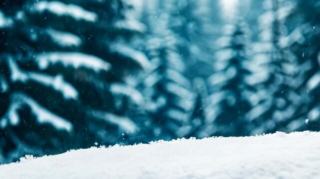 Snowdrift against panoramic view with snowy frost trees. Natural landscape with space for text or design. Winter holiday season. Happy New Year, Merry Christmas