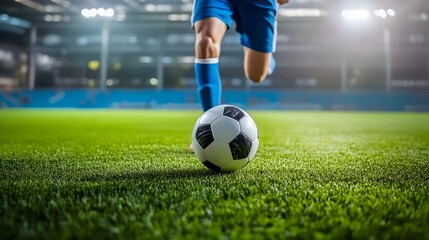 Obraz premium Soccer Player in Blue Uniform Dribbles Ball Quickly Across Grassy Field During High-intensity Game in Sports Arena Stadium