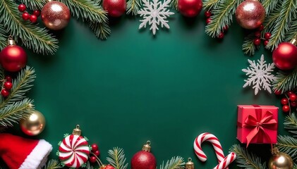 Naklejka premium Christmas card layout with red balls, baubles, beanie gifts and pine branches with copy space in the middle on green background.