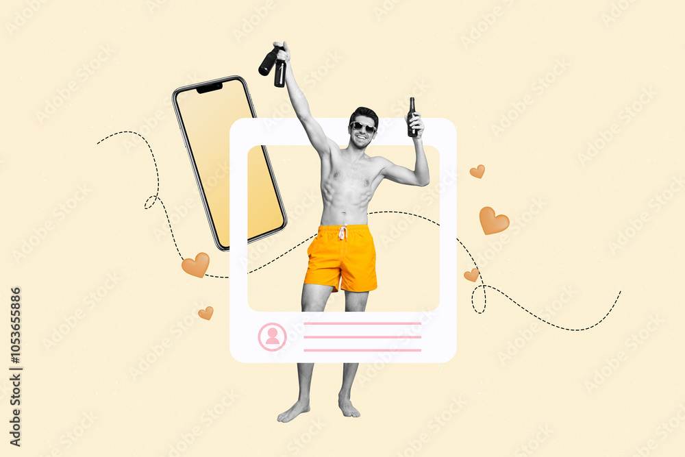 Poster composite artwork collage of app image frame blogger like profile summer vacation young man stand ha