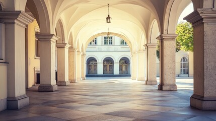 A serene archway with columns leading to a courtyard.