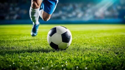 Fototapeta premium Soccer Player Sprints to Kick the Soccer Ball on the Grassy Stadium Field During an Intense Game or Competition