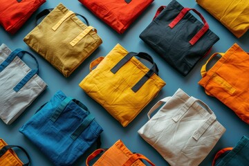High-angle shot of multiple bag mockups, including tote bags, backpacks, and drawstring bags