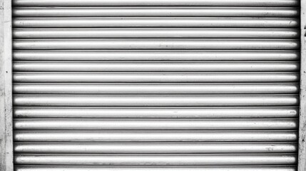Close-up of industrial gray metal rolling shutter doors in an urban environment against a black background