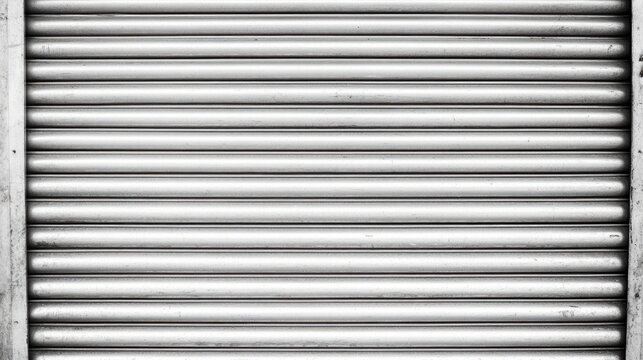 Close-up of industrial gray metal rolling shutter doors in an urban environment against a black background