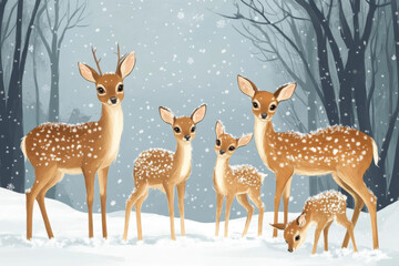 Deer Family in Snowy Winter Wonderland