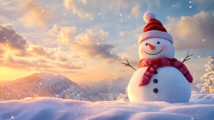 Obraz premium Cute snowman in heavy snow covered wild field at sunrise