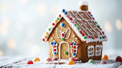 gingerbread house, decorated with icing and colorful candies. Christmas holiday background