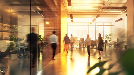 Fototapeta premium A busy office with people walking around and a few potted plants