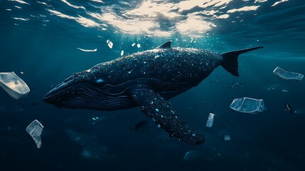 Naklejka premium A whale is swimming in the ocean with plastic debris floating around it