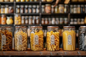 Set of pasta mockups, macaroni samples in glass jars on kitchen shelf of store, with labels with italian pasta names and decorative elements