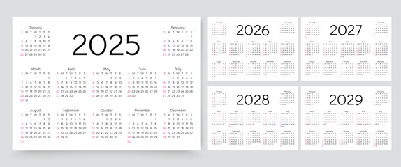 2025, 2026, 2027, 2028, 2029 calendars. Calender templates. Week starts Sunday. Desk planer grid for year. Planner layout with 12 months. Yearly diary in English. Vector illustration. Paper size A4