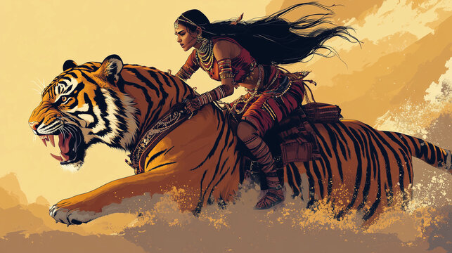 Dynamic Warrior Woman Riding a Tiger in a Dusty Desert Landscape