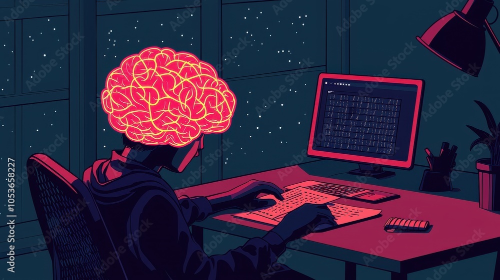 Poster a creative illustration of a figure coding at a desk, featuring a glowing brain, symbolizing intelli