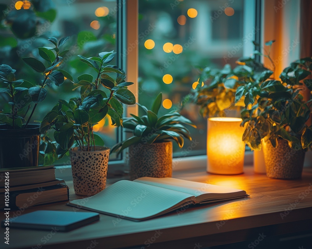 Poster a cozy workspace with plants and warm lighting, featuring an open notebook and a soft glow from a la