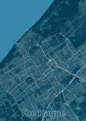 Map of The Hague, Netherlands, rendered in a minimalist style. The map features a deep blue background with white lines representing streets and roads.