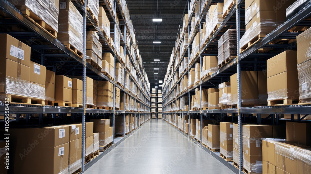 Poster modern warehouse filled with rows of stacked cardboard boxes on pallets, showcasing organized storag