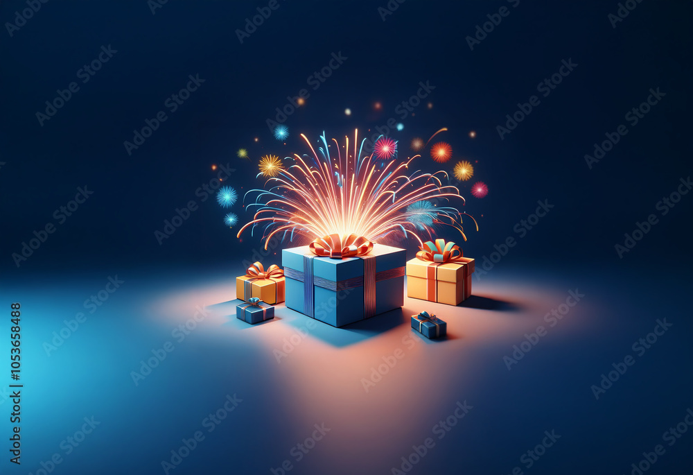 Poster an open gift box with a colorful firework display bursting from the inside.