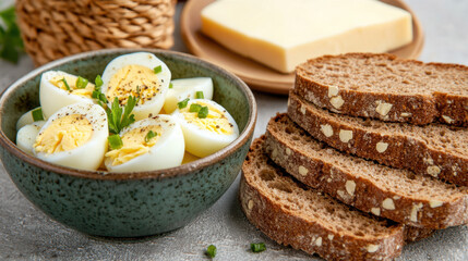 A bowl of sliced boiled eggs garnished with herbs, accompanied by slices of dark bread and a piece of butter, presented in a rustic setting.