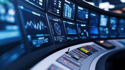 Fototapeta premium a modern control room with a curved array of digital screens displaying data visualizations and metrics. sleek, vibrant design suggests advanced monitoring for tech and business sectors.