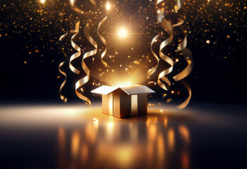 An open golden gift box with a bright light inside, surrounded by glittering confetti and golden ribbons.