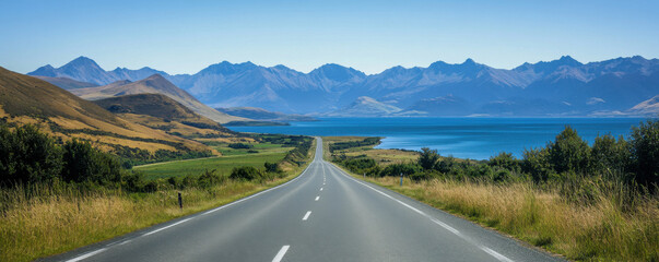 scenic empty road stretches into distance, surrounded by lush greenery and mountains under clear blue sky. tranquil landscape evokes sense of adventure and freedom