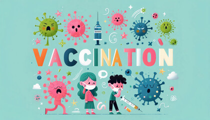 Obraz premium Colorful illustration of viruses and children wearing masks promoting vaccination