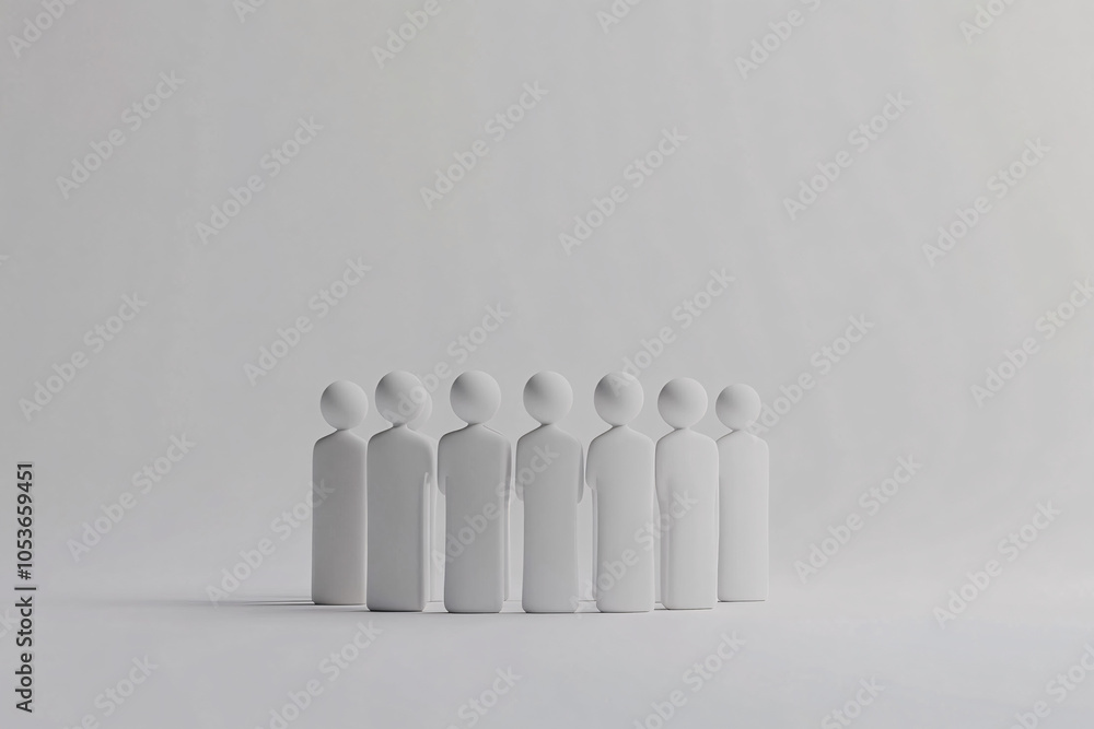 Poster a circular arrangement of minimalistic white figures on a light background representing community, u