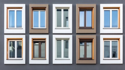 Fototapeta premium A grid of nine windows showcasing different styles and colors on a modern building facade.