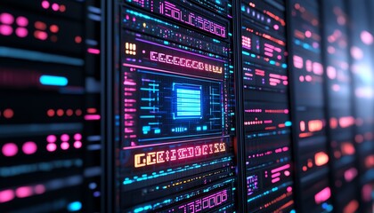 Naklejka premium Futuristic data center with vibrant, glowing server racks, highlighting digital technology and network infrastructure.