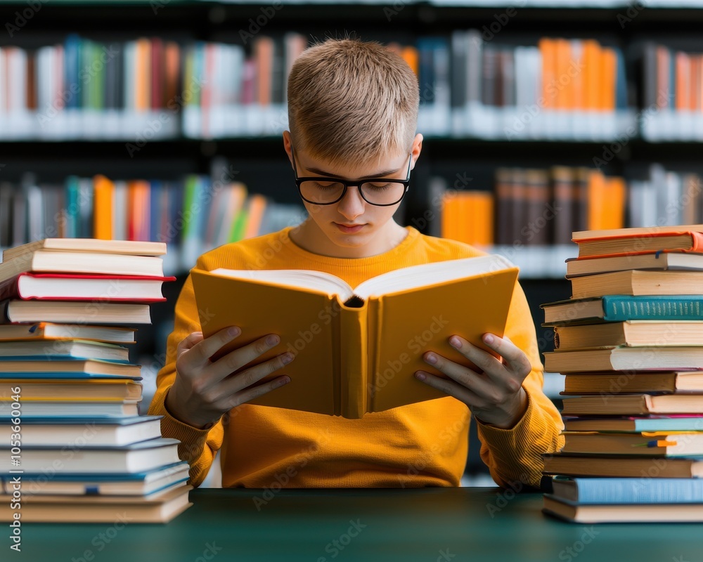 Poster a student reads a book at a table surrounded by stacks of books in a library, emphasizing learning a