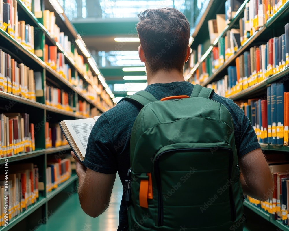 Poster a person with a backpack reads a book while walking through a library filled with bookshelves.
