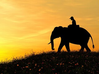 Silhouette of person on elephant at sunset, symbolizing travel, adventure, and nature.
