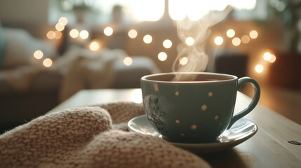 Obraz premium steaming cup of tea sits on cozy table, surrounded by warm atmosphere filled with soft lighting and knitted blanket. This inviting scene evokes comfort and relaxation