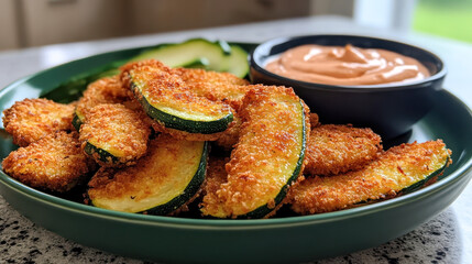 Fototapeta premium Golden-breaded zucchini fries served in a deep green bowl, paired with a rich dipping sauce and fresh cucumber slices, create a vibrant and inviting snack display.