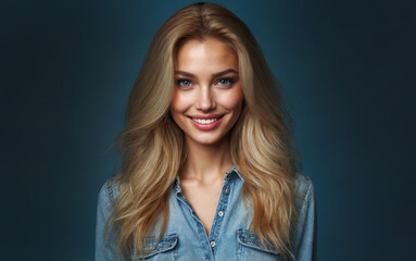 Fototapeta premium smiling blonde woman over blue background with copy space, set of face expression concept