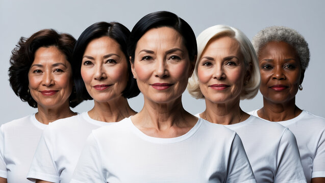 group of modern woman of various different races in menopause age, multiethnic female group  standing together confident and satisfied, 