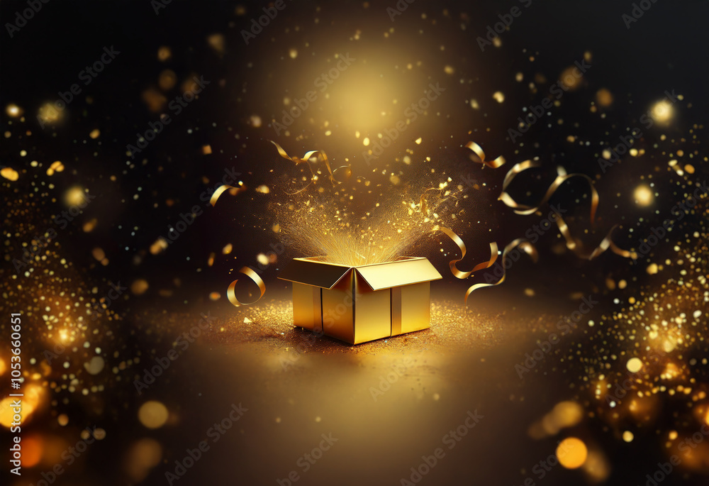 Poster an open golden box on a dark background with golden ribbons and light bursting from inside.