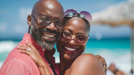Fototapeta premium Senior couple having fun at the beach, showcasing joy, relaxation, and togetherness with copy space