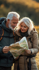 Naklejka premium Senior Couple Hiking and Reading a Map in Autumn Forest