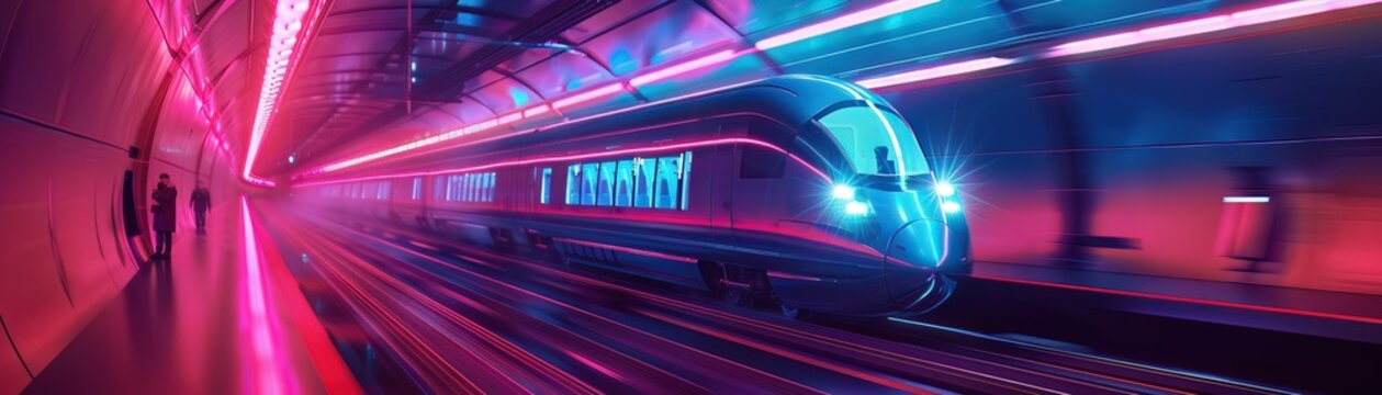 Retrofuturistic train traveling through a neonlit tunnel, blending 1950s design with hyperloop technology