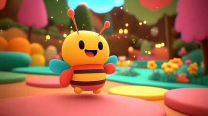 Obraz premium A cheerful cartoon bee dances joyfully in a vibrant garden, showcasing bright yellow and black stripes, blue wings, and a whimsical backdrop of colorful flowers and abstract trees.
