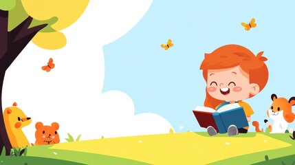 Naklejka premium A cheerful boy sits on a grassy hillside, absorbed in a book, surrounded by playful cartoon animals, butterflies, and lush trees, capturing the joy of reading and nature.