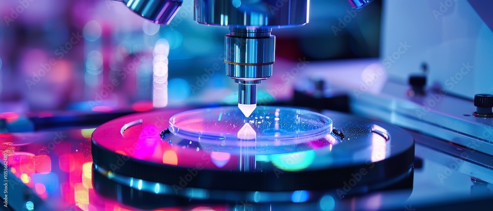 Poster a close-up of a high-tech lab with a precision dispensing system above a transparent petri dish. vib