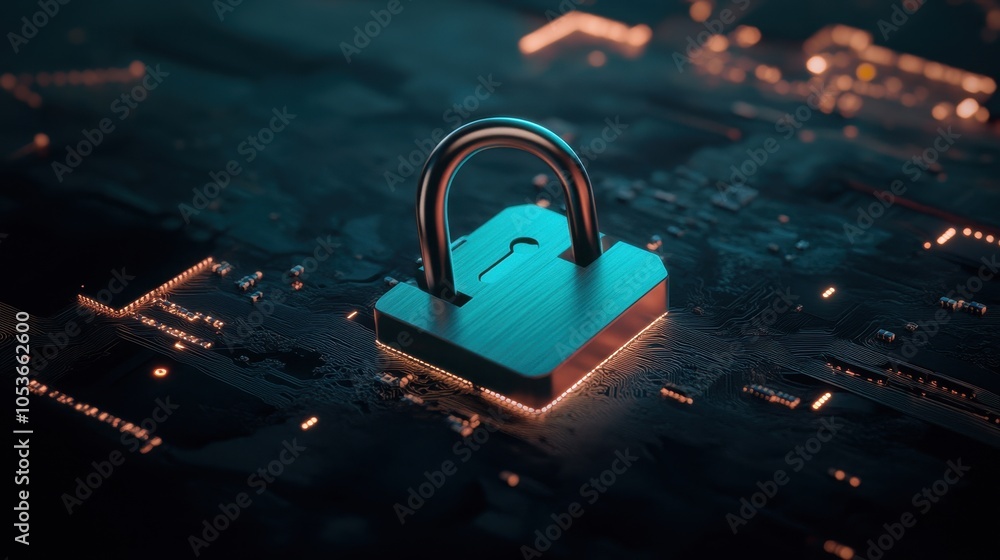 Poster a close-up of a sleek metallic padlock on an intricate circuit board backdrop. shiny padlock symboli