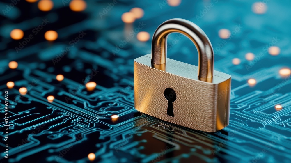 Poster a close-up of a shiny golden padlock on a futuristic circuit board symbolizes digital security. intr